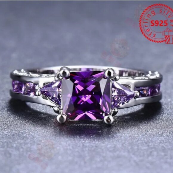 Princess Cut Amethyst 925 Silver Ring Simulated Stones NWT - Picture 1 of 5